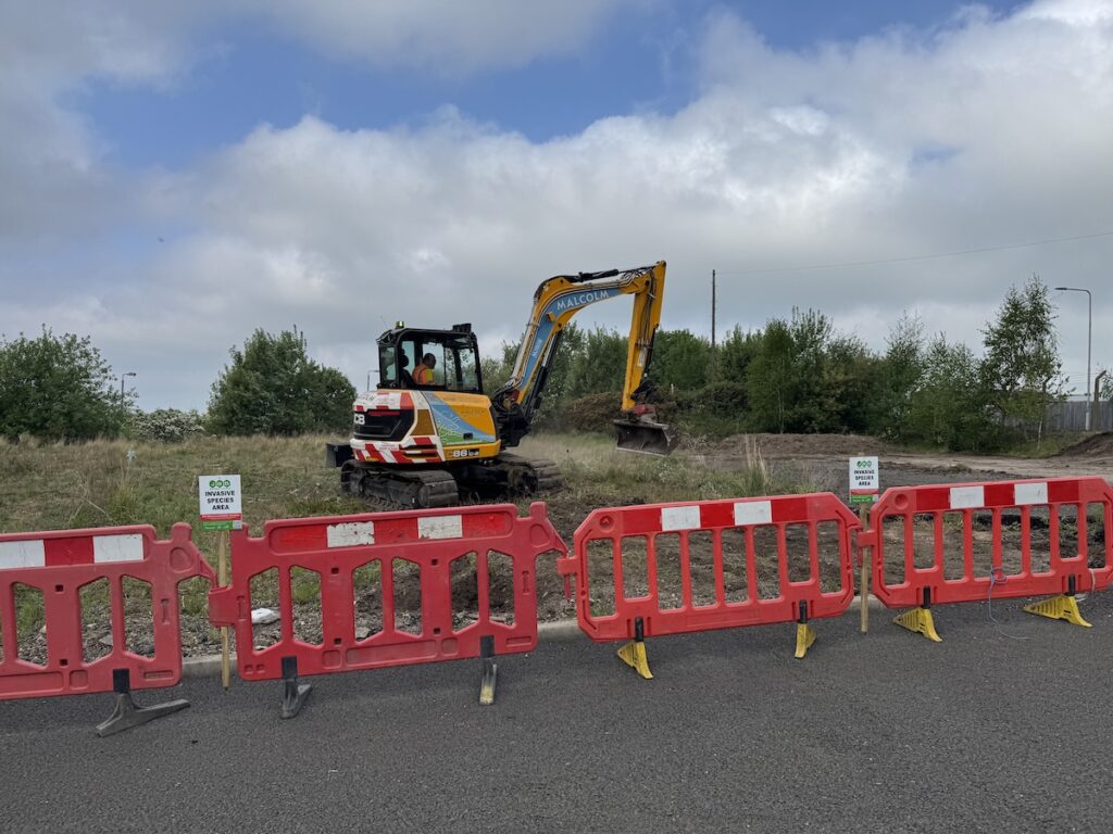JCB excavator carrying out land reinstatement at a roadside commercial site following invasive weed excavation.